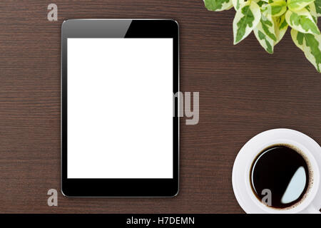 Tablette numérique écran blanc sur bois Vue de dessus Banque D'Images