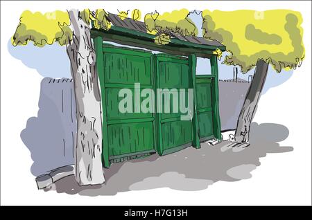 Résumé vecteur numérique à la main en bois vert avec des arbres village gate doodle en Moldavie, style plat Illustration de Vecteur