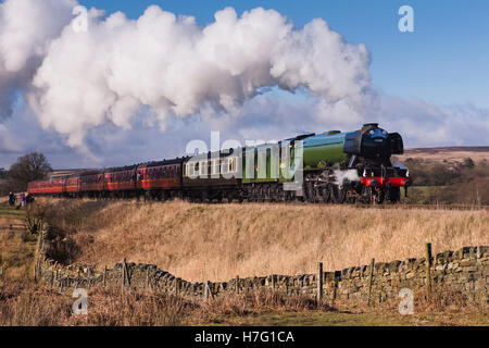 Ciel bleu & célèbre train (Locomotive à vapeur, Classe A3 60103 LNER Flying Scotsman) Voyages sur les voies - scenic North Yorkshire Moors Railway, England, GB. Banque D'Images