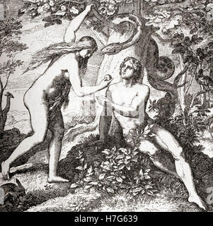 Eve Adam tente avec la pomme dans le jardin d'Eden. Banque D'Images
