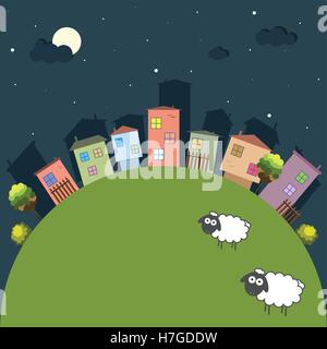 Bonne nuit thème avec des maisons colorées et des moutons Illustration de Vecteur