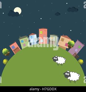 Bonne nuit thème avec des maisons colorées et des moutons Illustration de Vecteur