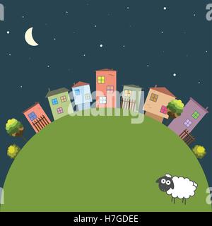 Bonne nuit thème avec des maisons colorées et des moutons Illustration de Vecteur