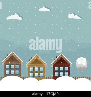 Maisons en bois coloré, Thème Hiver Illustration de Vecteur