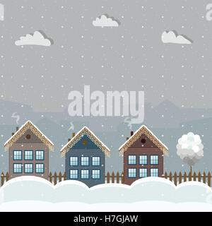 Maisons en bois coloré, Thème Hiver Illustration de Vecteur