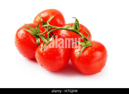 Tomates cerises fraîches mûres sur branch isolé sur fond blanc Banque D'Images