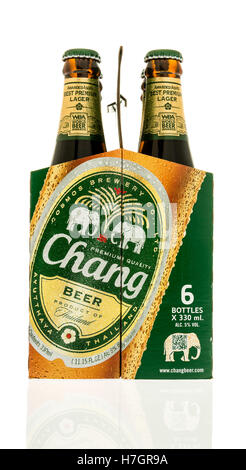 Winneconne, WI - 3 novembre 2016 : Six pack de bière Chang sur un fond isolé. Banque D'Images