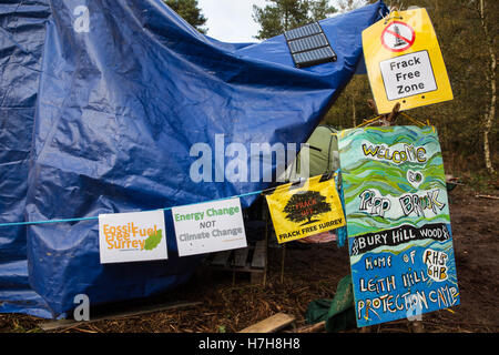 Leith Hill, au Royaume-Uni. 5 novembre, 2016. Leith Hill Le Camp de protection, près de l'avenue Holmwood à Surrey. Des activistes occupant le site protestent contre les plans de l'Europa de pétrole et de gaz pour des forages ou des essais pour le pétrole à Bury Hill Wood. Credit : Mark Kerrison/Alamy Live News Banque D'Images