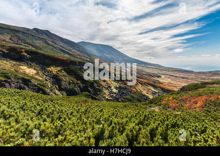 Vue du Mt. Asahidake, un volcan actif dans le groupe volcan Daisetsuzan, Hokkaido, Japon Banque D'Images