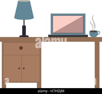 En bois de bureau avec ordinateur portable et l'icône de tasse de café sur fond blanc. vector illustration Illustration de Vecteur