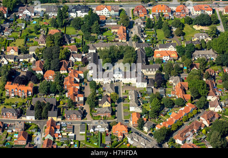 Vue aérienne, Dorsten-Hervest housing estate Fürst Leopold, règlement des travailleurs historique, maisons, la mine de Dorsten, Ruhr, Banque D'Images