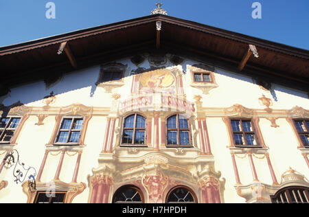 Pilatushaus avec des fresques de 1784 à Oberammergau, Lueftlmalerei, Haute-Bavière, Bavière Banque D'Images