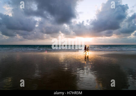 Coucher du soleil sur la plage de Playa de la Barossa près de Novo Sancti Petri, Andalousie, Espagne, Europe Banque D'Images