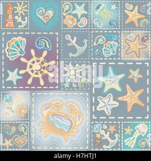 Vecteur de la marine modèle homogène. Vagues, crabe, roue, anchor, étoile, cœur. Illustration de Vecteur