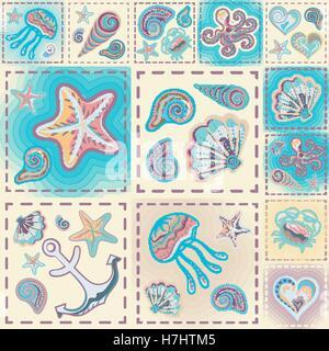 Vecteur de la marine modèle homogène. Vagues, crabe, roue, anchor, étoile, cœur. Illustration de Vecteur