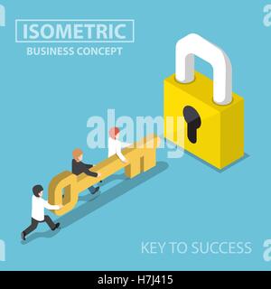 L'équipe entreprises isométrique holding golden clé pour déverrouiller la serrure, solution d'entreprise, clé de la réussite et le travail d'équipe concept Illustration de Vecteur