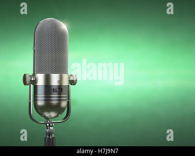 Retro old microphone. Émission de radio ou de podcast audio concept. Microphone Vintage sur fond vert. 3d illustration Banque D'Images