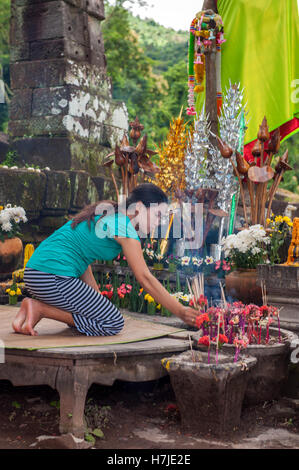 Un dévot jette des fleurs au Wat Phu, les ruines d'un temple hindou Khmer dans complexe dans le sud du Laos Champassak. Banque D'Images