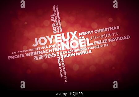 Multi langue Joyeux Noël design typographique. Texte français est au milieu de la page. Nuage de mots dans différentes langues. Illustration de Vecteur