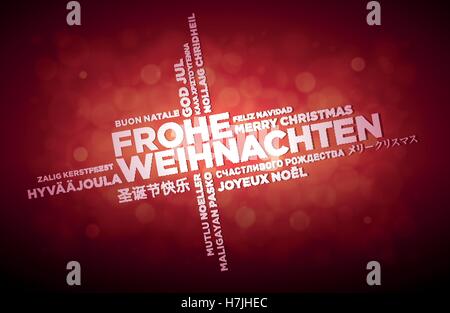 Multi langue Joyeux Noël design typographique. Texte allemand est au milieu de la page. Nuage de mots dans différentes langues. Illustration de Vecteur