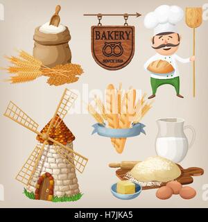 Jeu de boulangerie. Ensemble de personnages de dessins animés et d'icônes pour les situations de conception. Illustration de Vecteur