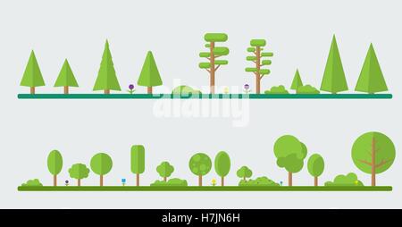 Série de dessins animés différents dans la flore modèle plat. Fleurs, arbustes, arbres. Illustration de Vecteur