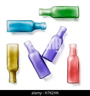 Collecte de bouteilles vides en verre décoratif. Vases faits à la main. Groupe d'objets isolé sur fond blanc. Haut de la vue, télévision lay Banque D'Images