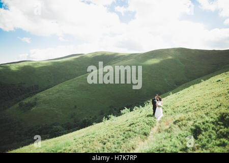 Belle et élégante mariée heureuse fabuleux groom posing sur l'arrière-plan de la magnifique montagne ensoleillée Banque D'Images