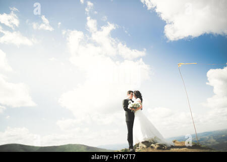 Magnifique magnifique à bride groom et le plaisir, à la cérémonie de luxe avec vue imprenable sur les montagnes, de l'espace pour texte, wedding couple Banque D'Images
