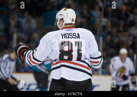 25 novembre, 2009 ; San Jose, CA, USA ; Chicago Blackhawks (aile droite Marian Hossa (81) réagit après avoir marqué contre les Sharks de San Jose au cours de la troisième période chez HP Pavilion. Chicago a battu San Jose 7-2. Banque D'Images