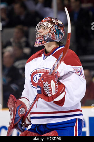 4 mars 2010; San Jose, CA, États-Unis; Carey Price, gardien de but des Canadiens de Montréal (31) pendant la deuxième période contre les requins de San Jose au pavillon HP. San José a vaincu Montréal 3-2. Banque D'Images