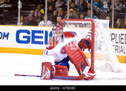 4 mars 2010; San Jose, CA, États-Unis; Carey Price, gardien de but des Canadiens de Montréal (31) pendant la deuxième période contre les requins de San Jose au pavillon HP. San José a vaincu Montréal 3-2. Banque D'Images