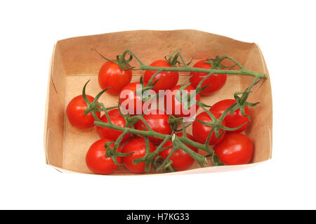 Les tomates mûries sur vigne dans un carton blanc contre isolés Banque D'Images