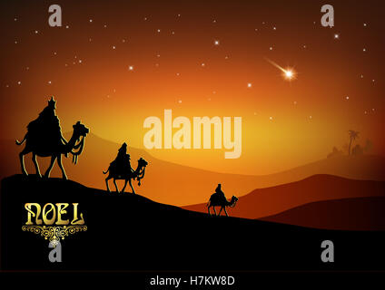 Noël biblique stylisé illustration : Trois Sages visitent le nouveau roi de Jérusalem Jésus Christ après sa naissance. Banque D'Images