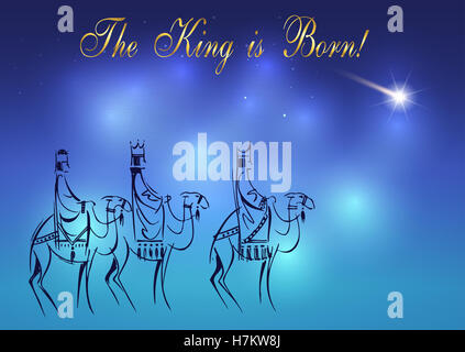 Noël biblique stylisé illustration : Trois Sages visitent le nouveau roi de Jérusalem Jésus Christ après sa naissance. Banque D'Images