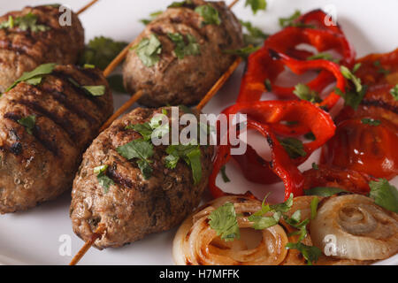 Kebab turc kofte, légumes grillés sur une plaque horizontale de près. Banque D'Images