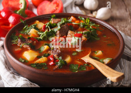 Soupe de goulash hongrois bograch close-up sur la table horizontale. Banque D'Images