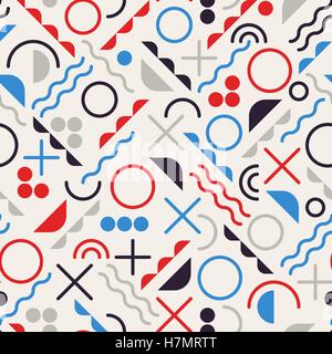 Seamless Vector Retro 80's braderie des formes géométriques de couleur Rouge Bleu Ligne Hipster sur fond gris Illustration de Vecteur