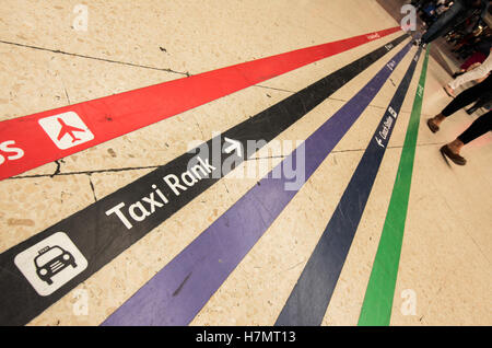 Des lignes colorées diriger les passagers vers différents points de la station tels que la table, station de taxis, les toilettes, parking Banque D'Images