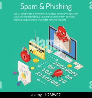 Internet Security avec le spam et phishing Concept isométrique avec icônes télévision comme spam, virus, la carte de crédit à l'hameçon et bugs. vecto Illustration de Vecteur