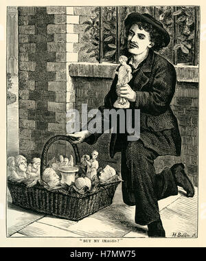 L'illustration du livre de l'époque victorienne de 1877 montrant un commerçant de la rue victorien la vente de produit en masse des icônes religieuses ou 'Images' Banque D'Images