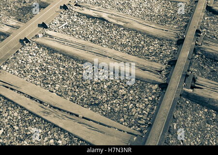 Close up détaillées de rails en bois en acier entre les voies ferrées Banque D'Images