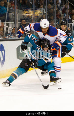Dec 17, 2011 ; San Jose, CA, USA ; San Jose Sharks aile gauche brad winchester (10) est défendu par le défenseur des Oilers d'edmonton theo peckham (24) au cours de la première période chez hp pavilion. Banque D'Images