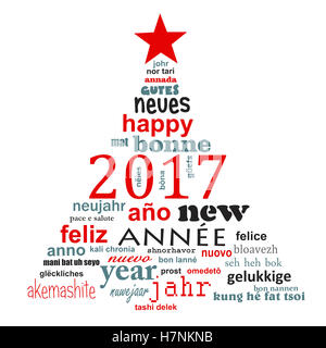 Nouvel an 2017 nuage de mots de texte multilingue carte de souhaits sous la forme d'un arbre de Noël Banque D'Images