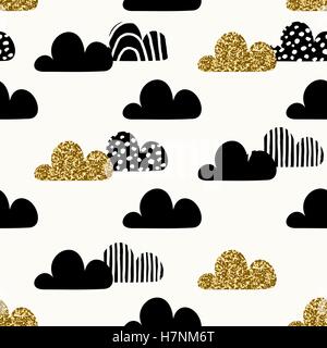 Motif répétitif sans couture avec texture gold glitter et nuage noir des formes sur fond crème. Papier d'emballage moderne et mignon Illustration de Vecteur