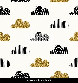 Motif répétitif sans couture avec texture gold glitter et nuage noir des formes sur fond crème. Papier d'emballage moderne et mignon Illustration de Vecteur