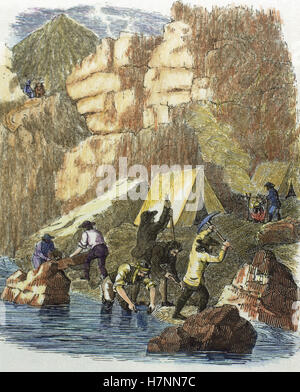 Les États-Unis. 19e siècle. Ruée vers l'or de l'État de Californie. Les prospecteurs à la recherche de pépites d'or sur les rives de la rivières californiennes. La gravure en "Collections historiques de la Great West', 1851. De couleur. Banque D'Images