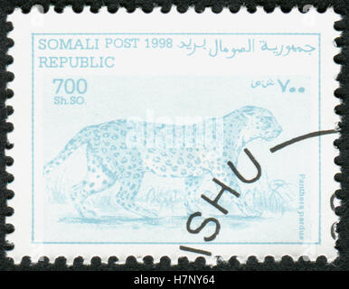 Somalie - circa 1998 : timbre imprimé en Somalie, montre l'animal Leopard (Panthera pardus), vers 1998 Banque D'Images