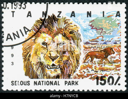 Un timbre imprimé en Tanzanie dédiée à Selous, montre un animal sauvage - lion (Panthera leo) Banque D'Images
