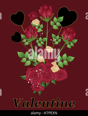 Une illustration d'un valentin bouquet design avec des roses rouges et coeurs noirs dans un format de carte de vœux Banque D'Images